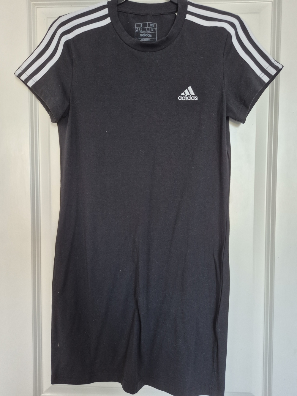 adidas Black Short Sleeve Tee Dress with White Shoulder Stripes